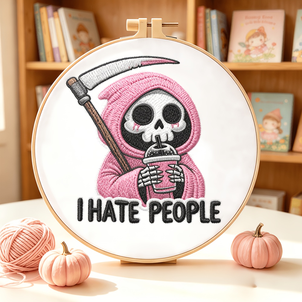 TEMU [ Product] Halloween Themed Embroidery Kit, Handcraft Embroidery Set, Pink Hooded Holding Drink And Pattern, Black Eye Sockets With Blood Tear