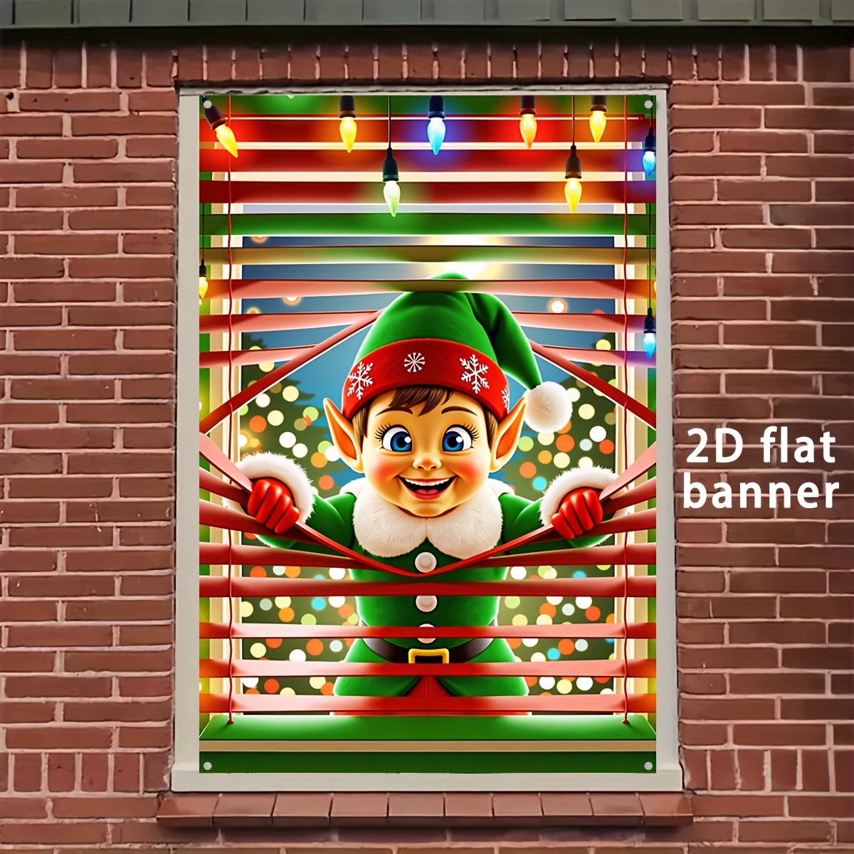 TEMU 2d Flat, 1pc Christmas Elf Window Banner - Festive 2d Flat Polyester Decoration With Santa Hat & Snowflakes, Perfect For Holiday Parties, Home &