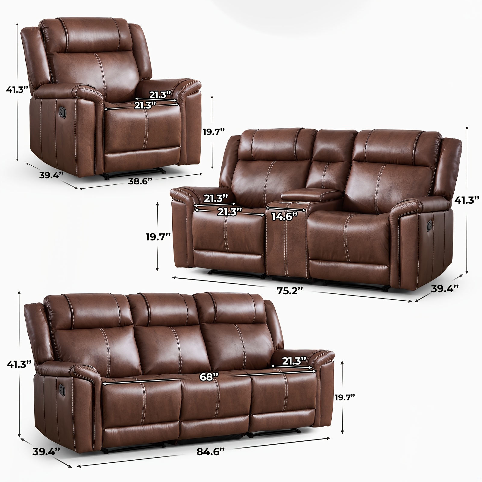 brown manual recliner sofa set 1 seater 2 seater loveseat 3 seater couch faux leather reclining furniture with cup holders   century modern living room sectional set
