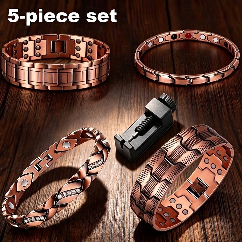 TEMU 5pcs Copper Magnetic Bracelet And Size Adjustment Tool Set | Retro Style Adjustable Bracelet, Suitable For Daily Wear And Gifting, Ideal For