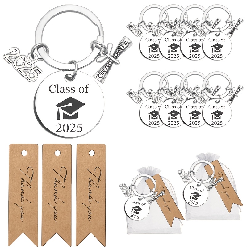 

24pcs Graduation Keychain Favors, Stainless Steel Keyrings, , With Personalized Brown Thank You Tags & White Organza Bags, For 8 Sets, Ideal For Graduation Party Gifts