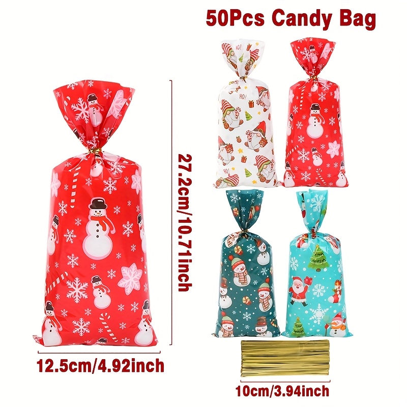 Image of 50pcs, Merry Christmas Gift Bags With Golden Twist Ties, Santa Claus Christmas Gnomes Snowman Design Packing Bags, , Noel, Navidad Decor, Best For Holiday Presents & Winter New Year Gifts