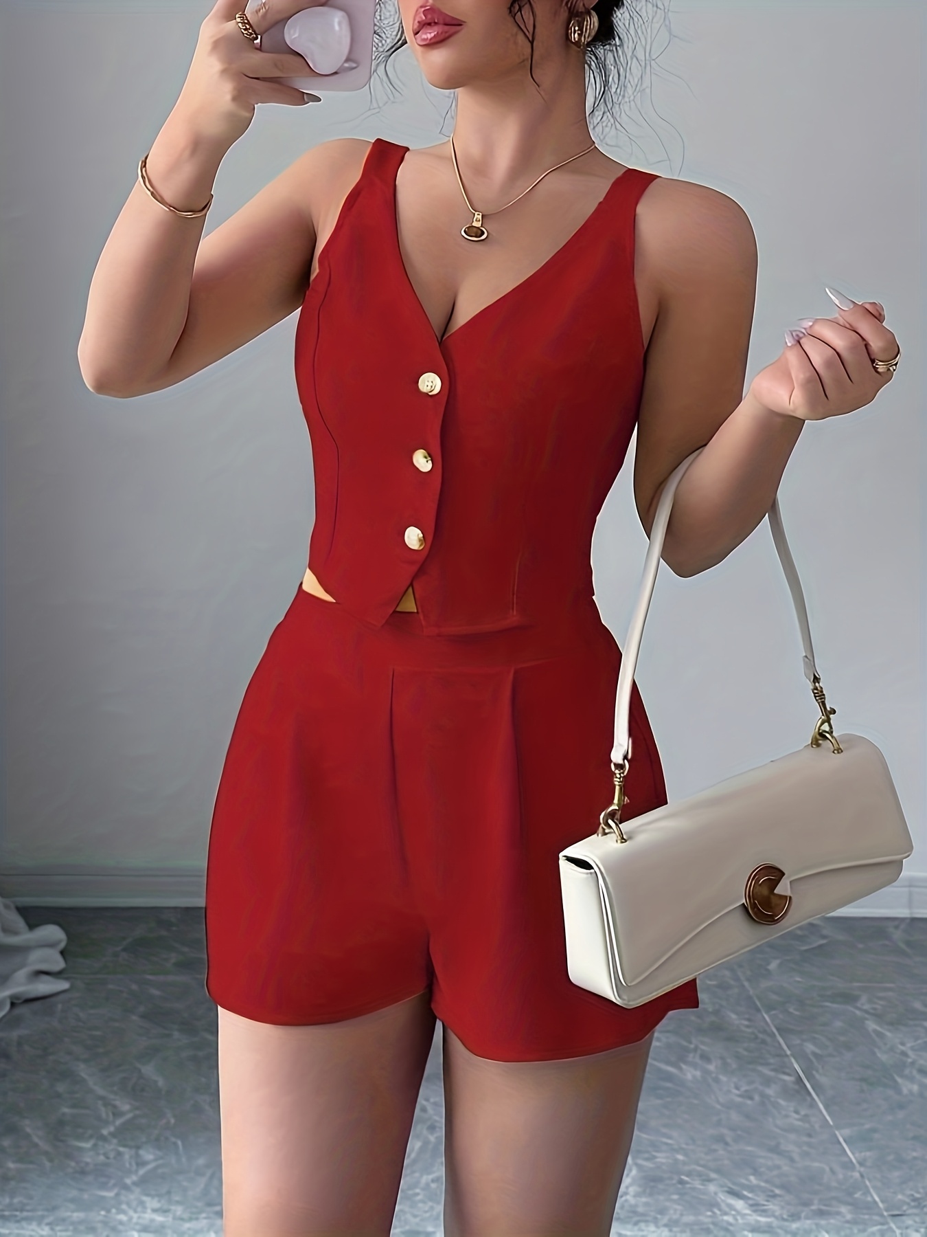 Conjunto de 2 Piezas para Mujer: Chaleco Casual de Botones Frontales y Shorts de Color Sólido