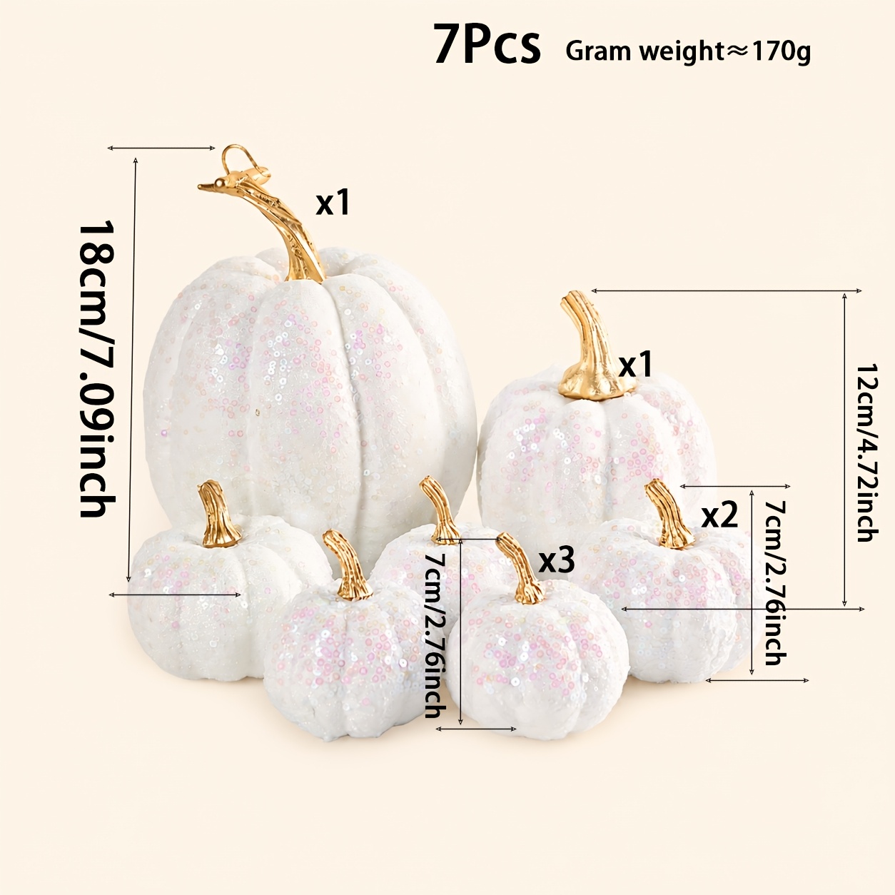 TEMU 7pcs Set White Sequin Pumpkins With Golden Stems, Foam Artificial Pumpkins, Suitable For Thanksgiving, , Table, Window Display, Mantel, And