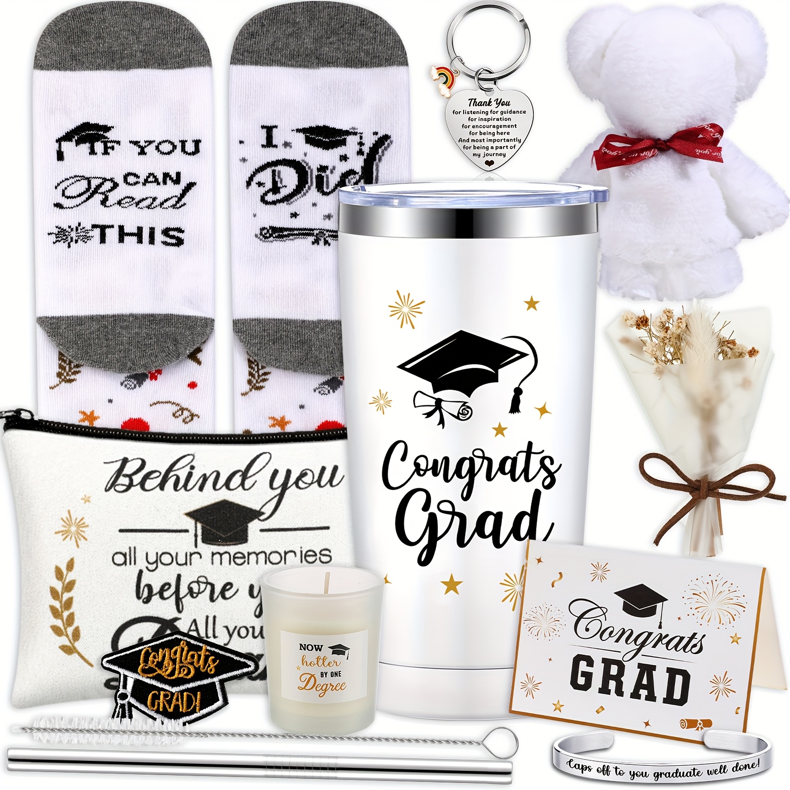 

10pcs 2024 Graduation Gift Set For Her Gift Box Steel Towel Candle Socks Keychain And Flower For Women Girlfriend Sister College High School Birthday Gifts