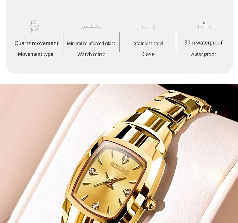 boscine 2024 elegant womens stainless square quartz wrist watch luminous automatic barrel type high end with non rechargeable button battery details 4