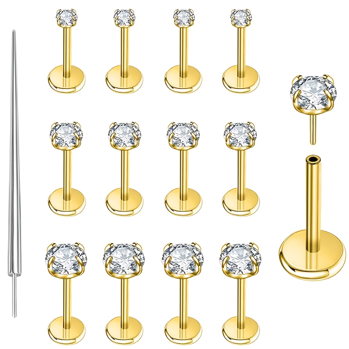 TEMU Lot de 13 pièces de clous d'oreilles à dos plat 16G, clous de nez filetage à encliqueter, bijoux de piercing en acier inoxydable chirurgical 304
