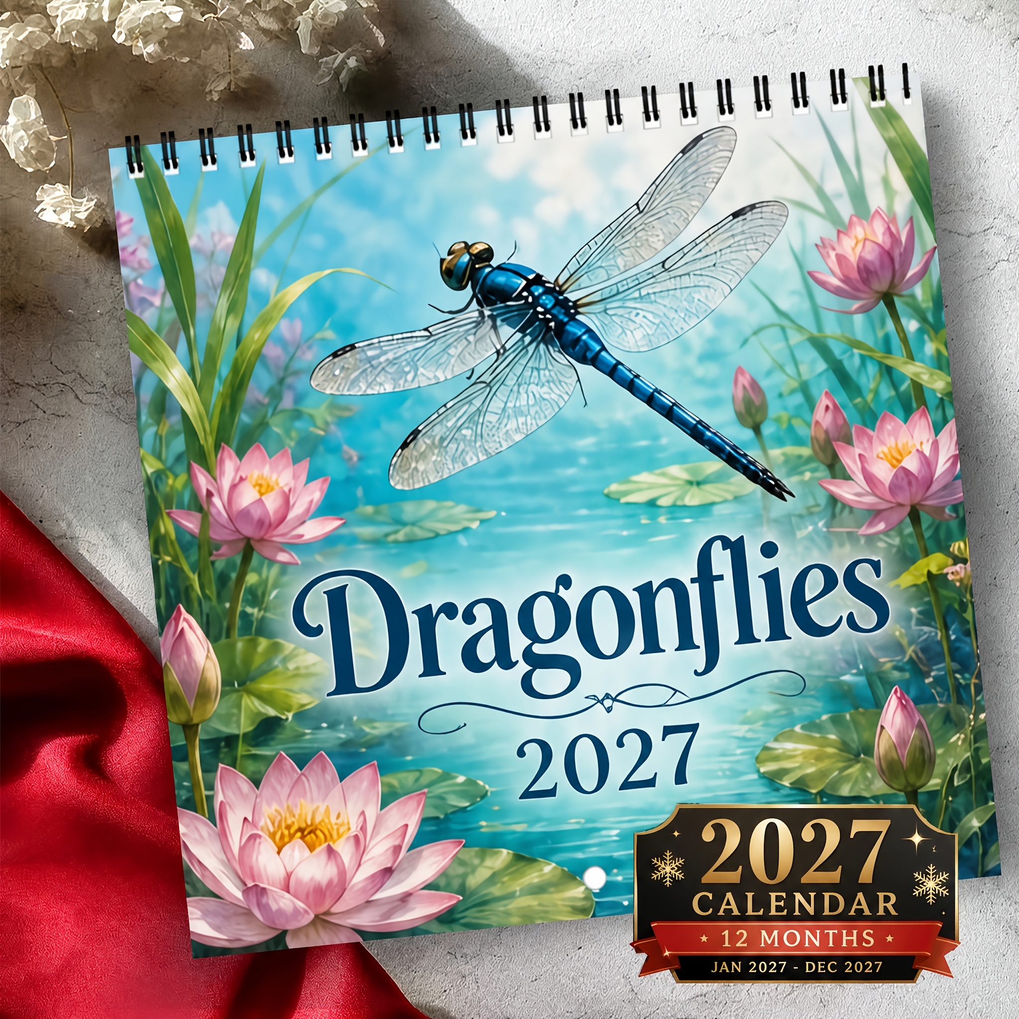 TEMU 2027 Wall-mounted Calendar, 2027 Dragonfly Calendar, 12-month Calendar, Double Wire Spiral Binding, 8.3x8.3 Inch Square, Plant For Lotus , Large
