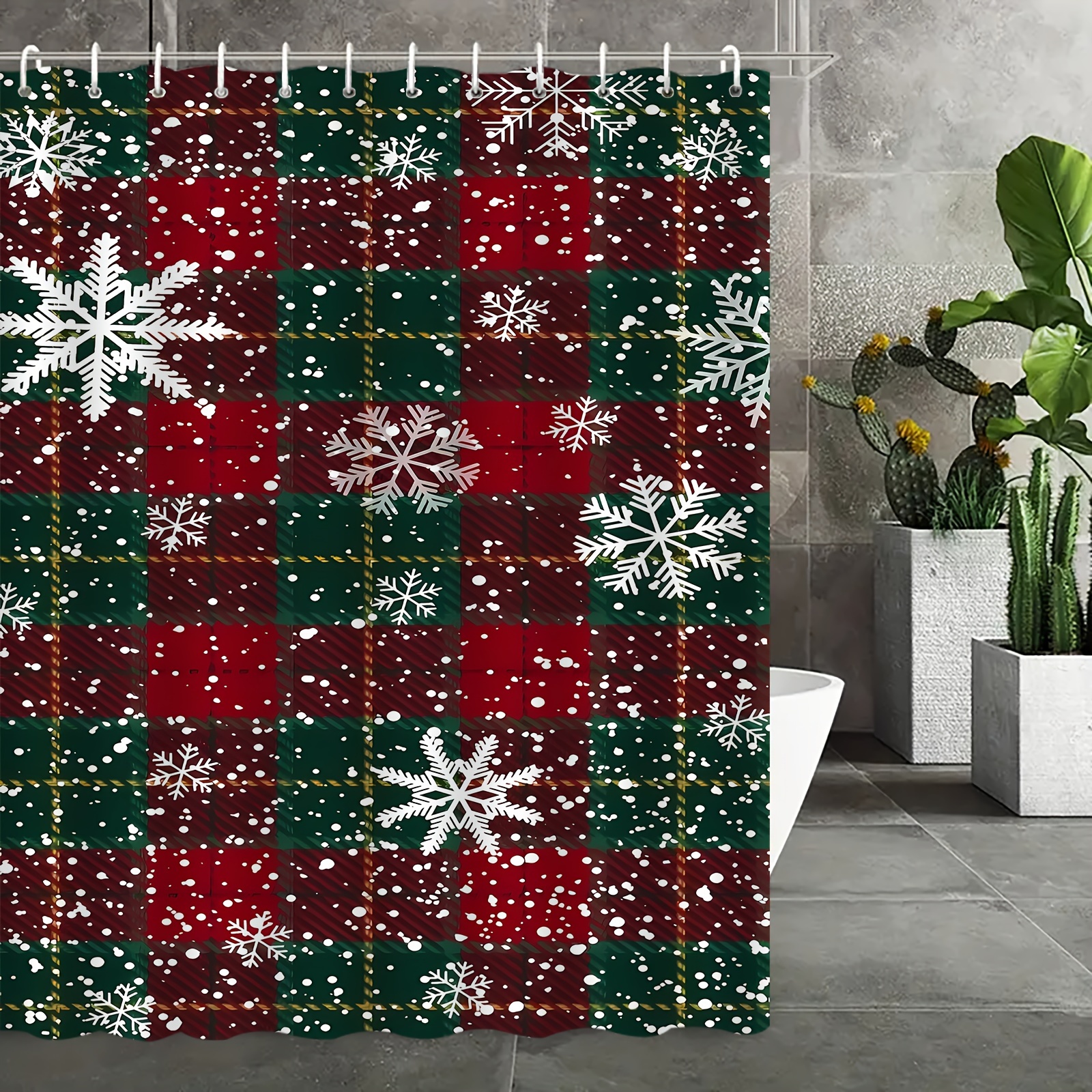 

1pc Snowflake Pattern Shower Curtain, Waterproof Polyester, 3 Sizes Available (59"x71", 71"x71", 71"x79"), Includes 12 Hooks, Red & Green Holiday Bathroom Decor