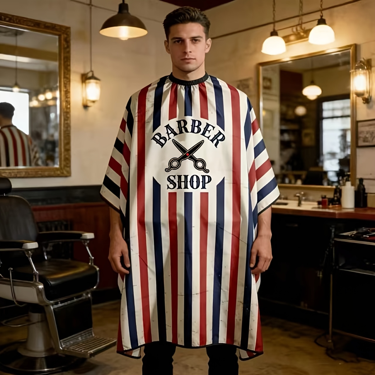 Image of 1pc Luxurious Printed Apron, Featuring Adjustable Neck Size Design And Made Of Striped Fabric. Suitable For Occasions, Including Daily Home Hairdressing, Professional Hair Salons, And Personal Hair