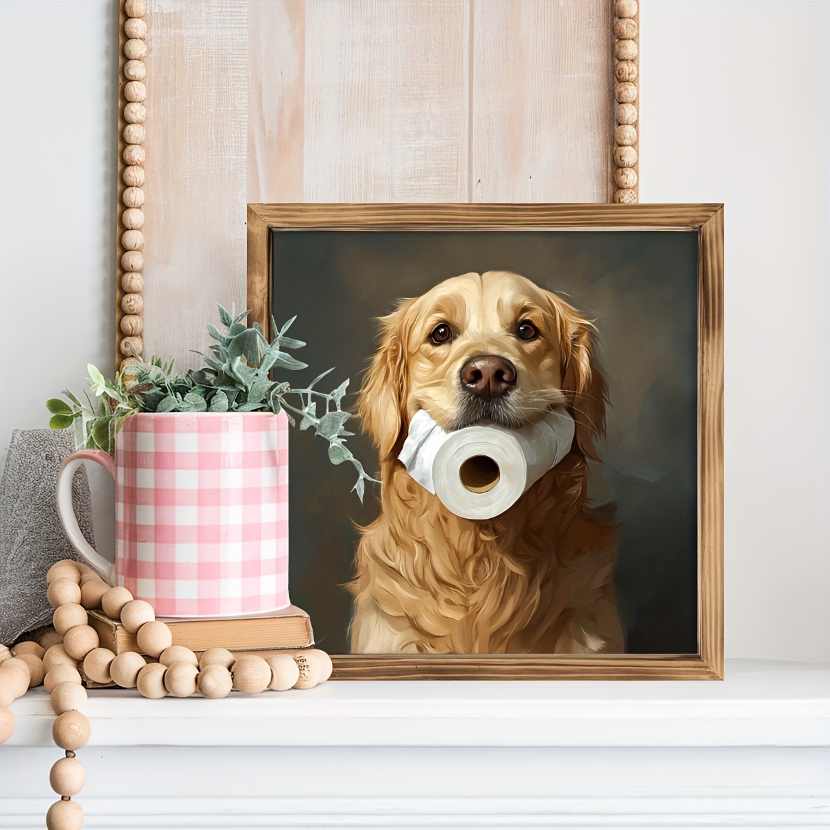 TEMU 1pc Funny Golden Retriever Holding Toilet Paper Frame Wooden Sign Table Decoration Wall Decoration Wall Style Wall Decor For Bathroom, Living