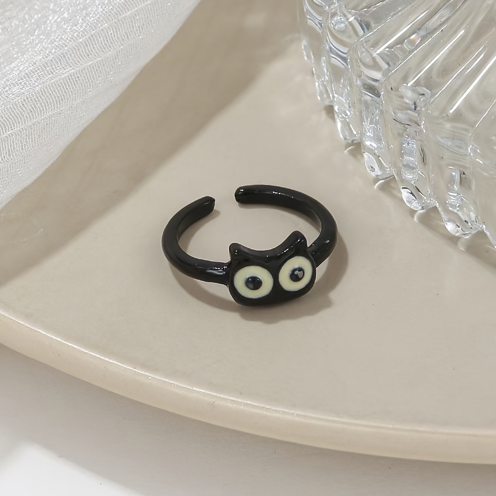 Unique Black - Vintage Gothic Style Cat With Eyes, Glossy Acrylic & Tone, Birthstone Jewelry For Women, Casual Attire & Halloween Accessories, Statement Ring