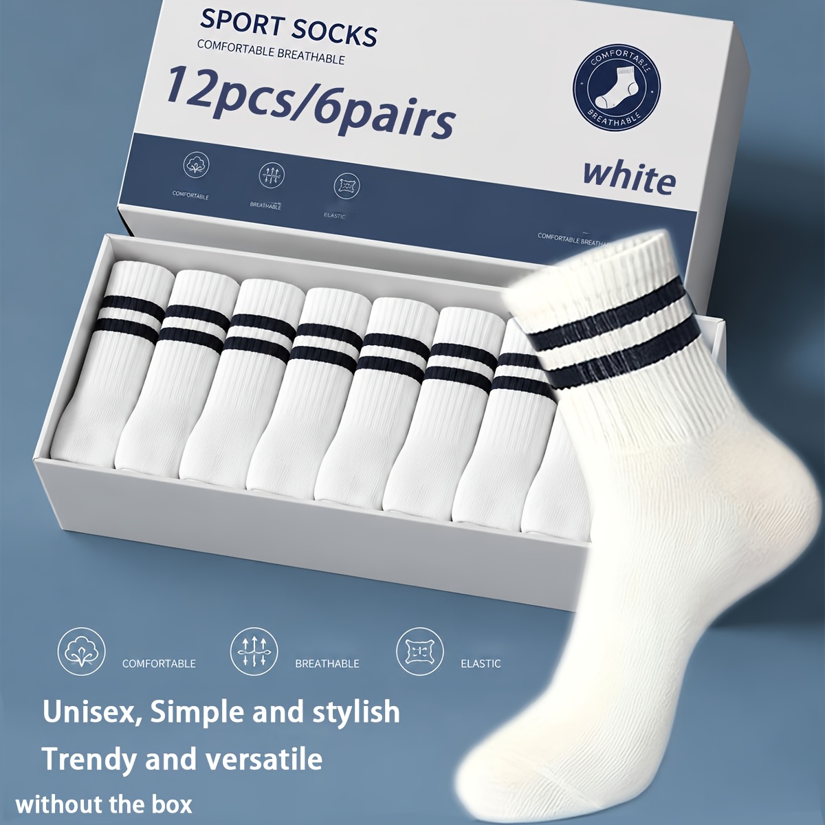 TEMU 12 pezzi/6 pezzo Calzini sportivi a righe bianche da e da donna, traspiranti, resistenti all'usura, , elastici, casual, per , basket, assorbono