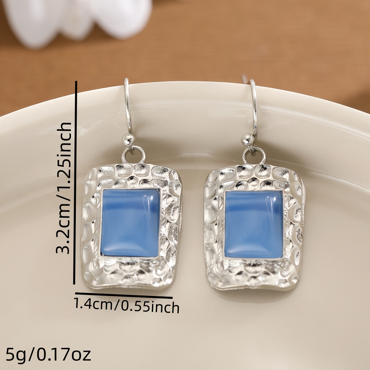 French Retro Style Hammered Blue Stone Women’s Earrings