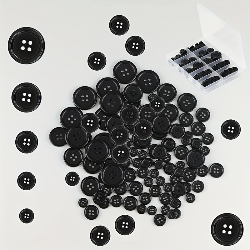 TEMU 100pcs Black Resin Sewing Buttons, 4 Hole Craft Suit Shirt Buttons, 5 Sizes, Round Mixed, White Suitable For Clothing Sewing, And Holiday Decoration Artwork, Crafts And Sewing Supplies