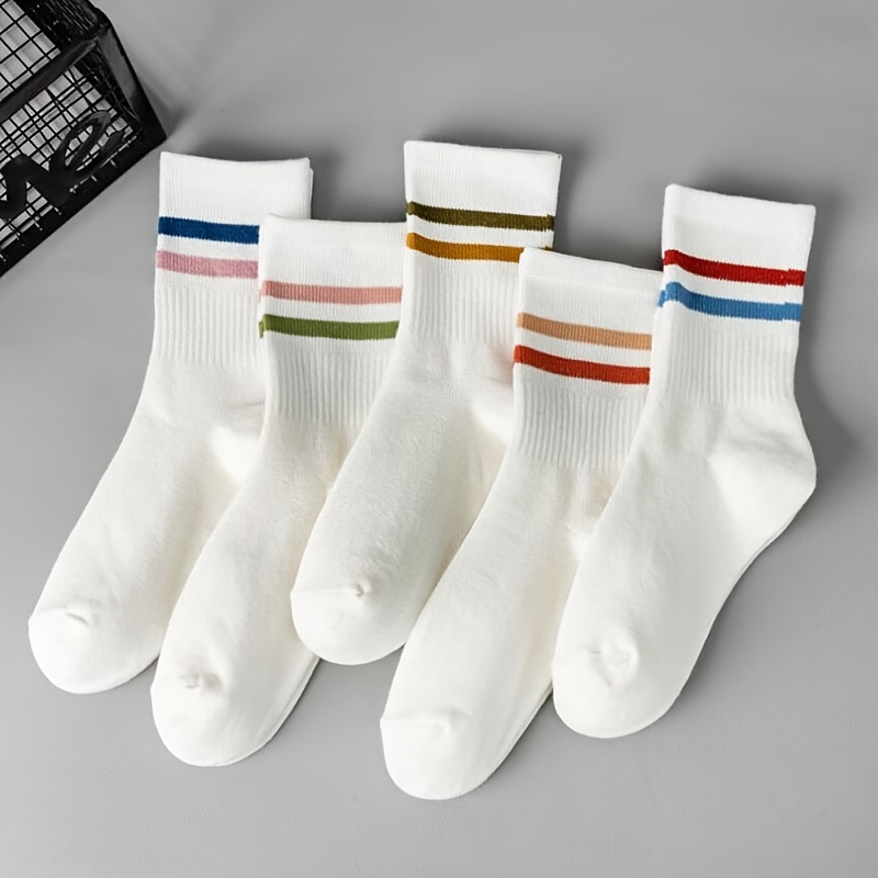 

5-pack Athletic Knee-length Socks – Comfortable Polyester Blend With Striped Design, Knit Fabric, Machine Washable - Unisex Sports Socks 95% Polyester, 5% Spandex