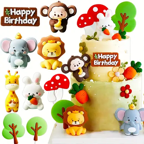 Safari Animal Cake Topper Set, Pom Pom Hats, Jungle Party Decorations
