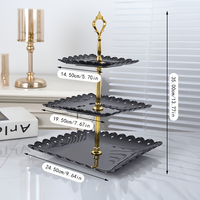 Image of Single-piece Square Three-tier Plastic Dessert Display Stand, Display Rack, Fruit Plate, European-style Buffet Cake And Dessert Serving Tray, For Home Weddings, Holidays, Parties, Christmas, Halloween