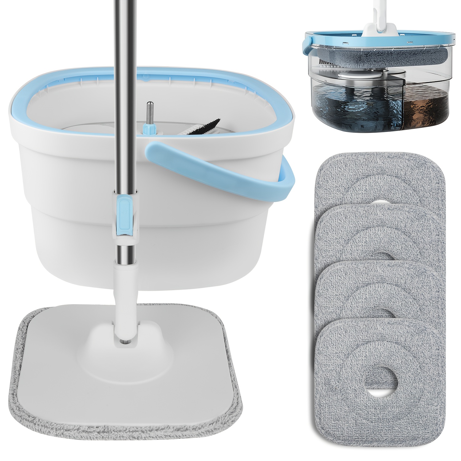 E-shop 1 Set freihändiges Wischmopp- Eimer-Set mit Schmutzwasser-Trennung, inklusive insgesamt 4 Wischmopp-Tücher, Haushalts-Wringmopp, Faulenzermopp,