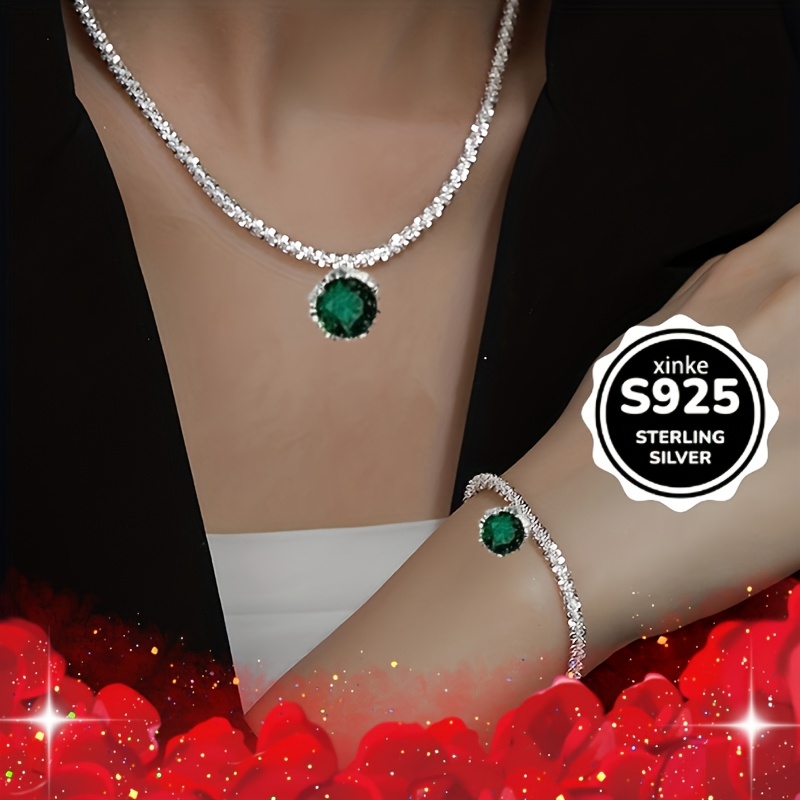 925 Sterling Silver Green Zirconia Pendant Necklace and Bracelet Set