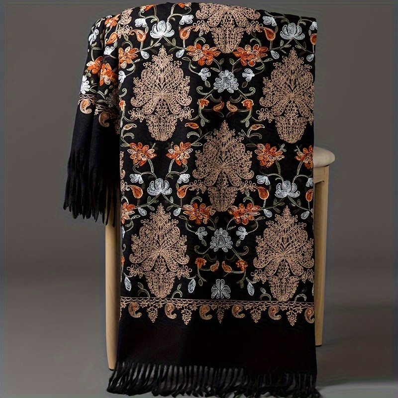 Image of Bohemian Vine And Flower Embroidered Outer Wrap For Spring/autumn, Nepalese Exquisite Hand-embroidered Floral Shawl, Ethnic Style Scarf Shawl, Versatile Dual-use Women's Large Size Shawl, Warm