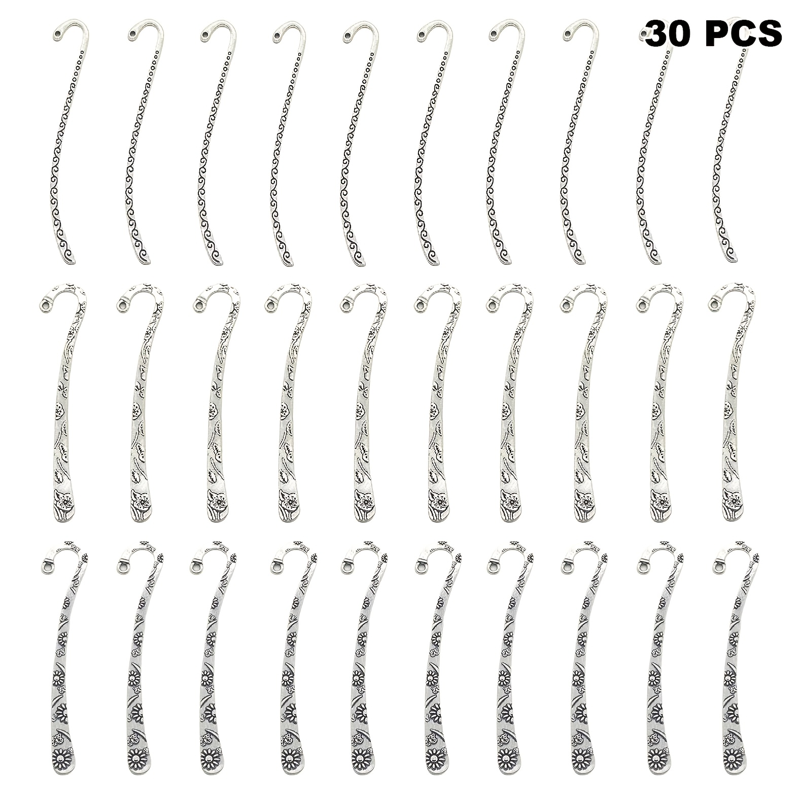 TEMU Lot de 30 marque-pages en métal, marque-pages en métal argenté avec crochet à épingle à cheveux, marque-pages argentés sculptés avec boucle pour