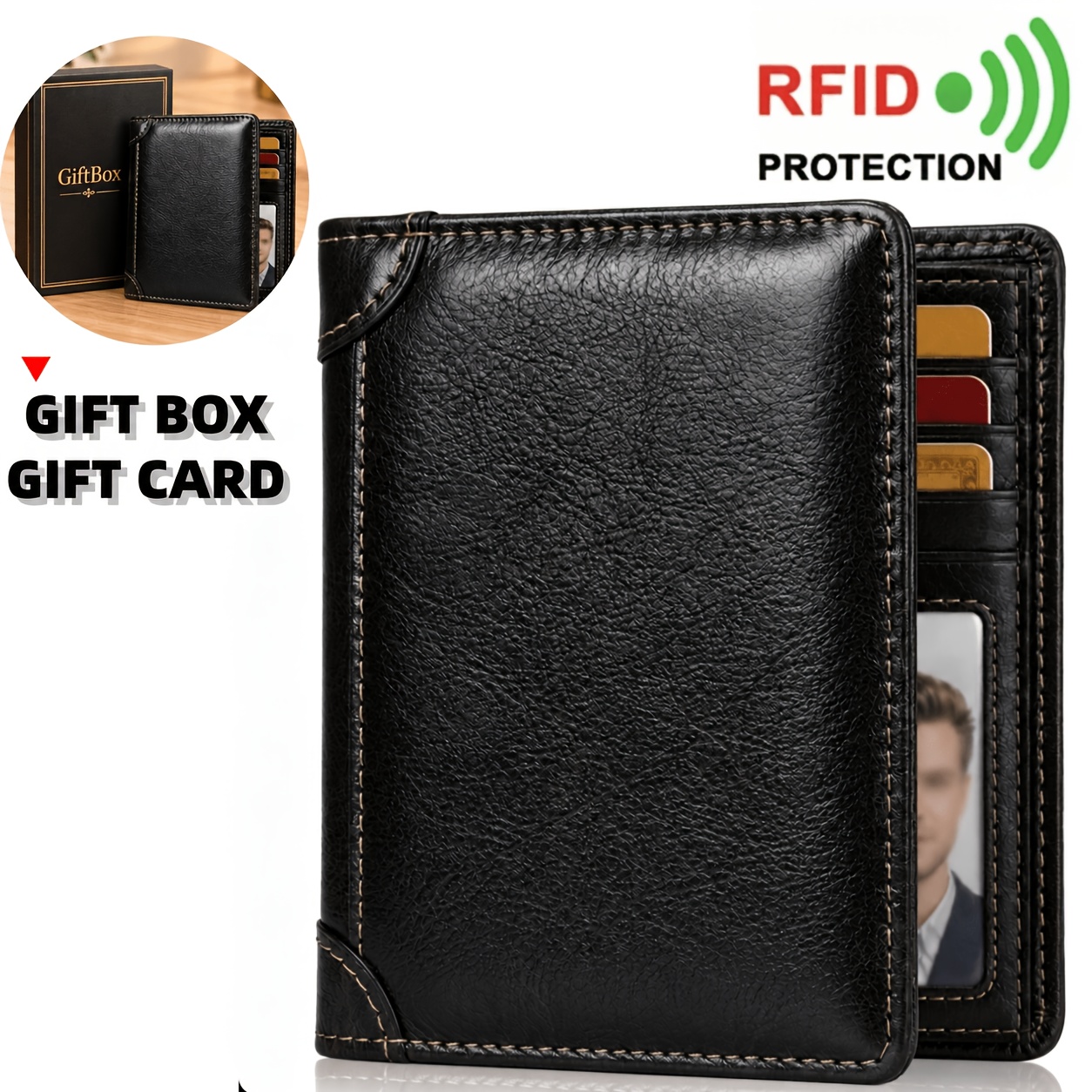 TEMU Genuine Leather Wallet For Men With Gift Box, Rfid Leather Wallet For Men, Vintage Leather Wallet For Men, Top Layer Cowhide Multi Function