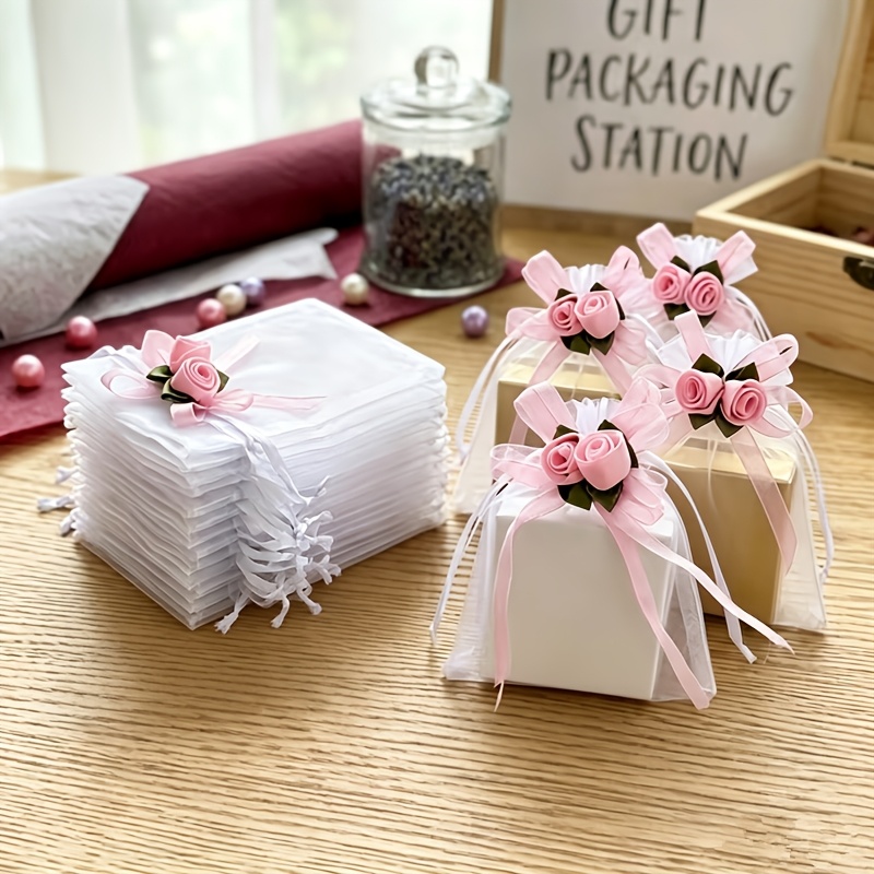 TEMU 20pcs Elegant Organza Gift Bags With Floral Ribbon Bow, Sheer Drawstring Mesh Pouches For Wedding Favors, Bridal Shower Party Gifts, Jewelry