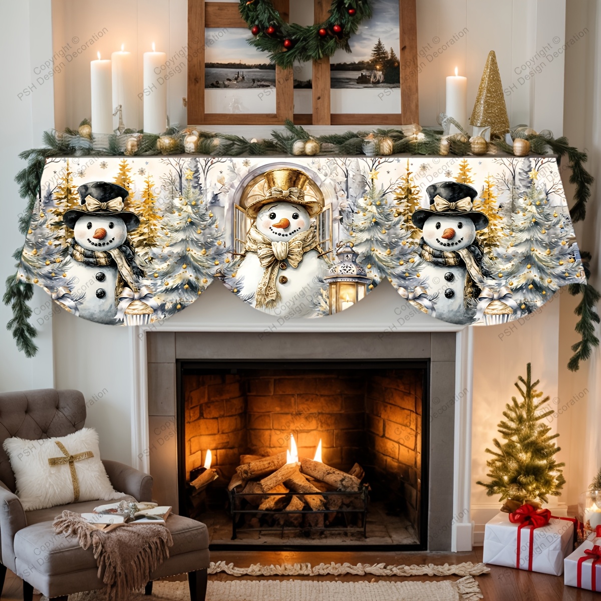 TEMU 1pc Christmas Theme, Snowman Golden Hat Design Fireplace Scarf, Fireplace Decoration, Holiday Party Supplies, Gift, Table Flag, Banner, Cover,