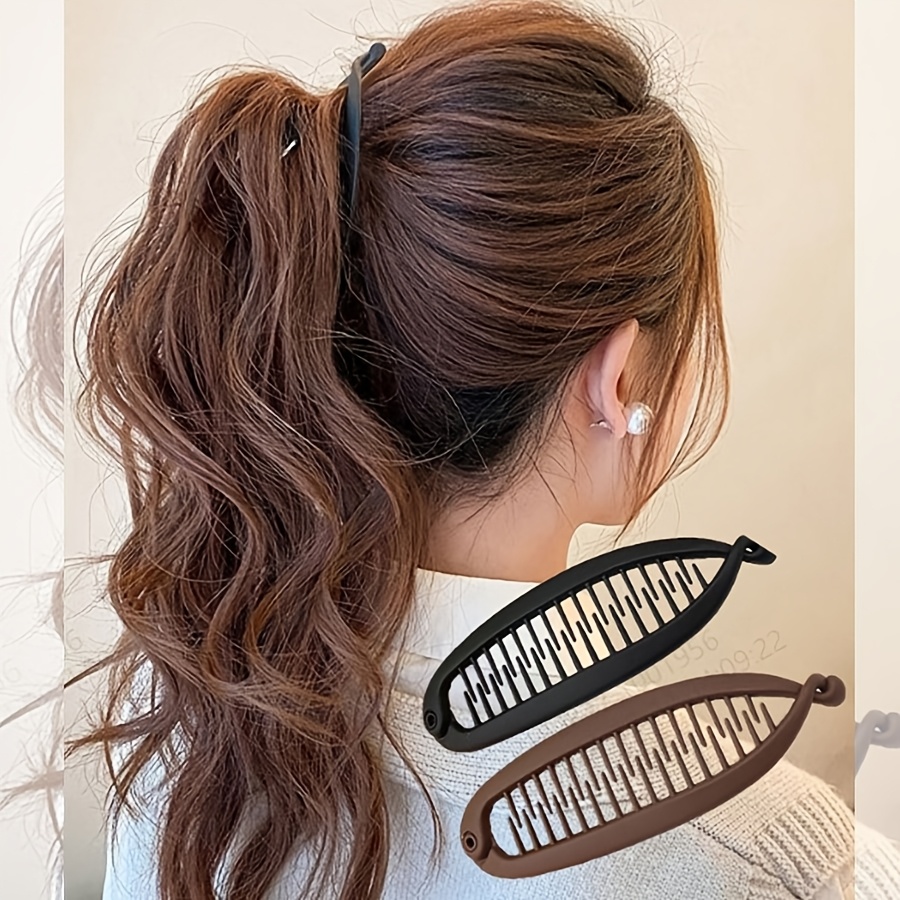 

2pcs Large Matte Banana Hair Clips For High Ponytails - Vintage-inspired Twist & Comb Design, Solid Color, Plastic - & Bun Hairstyles, Hair Accessories