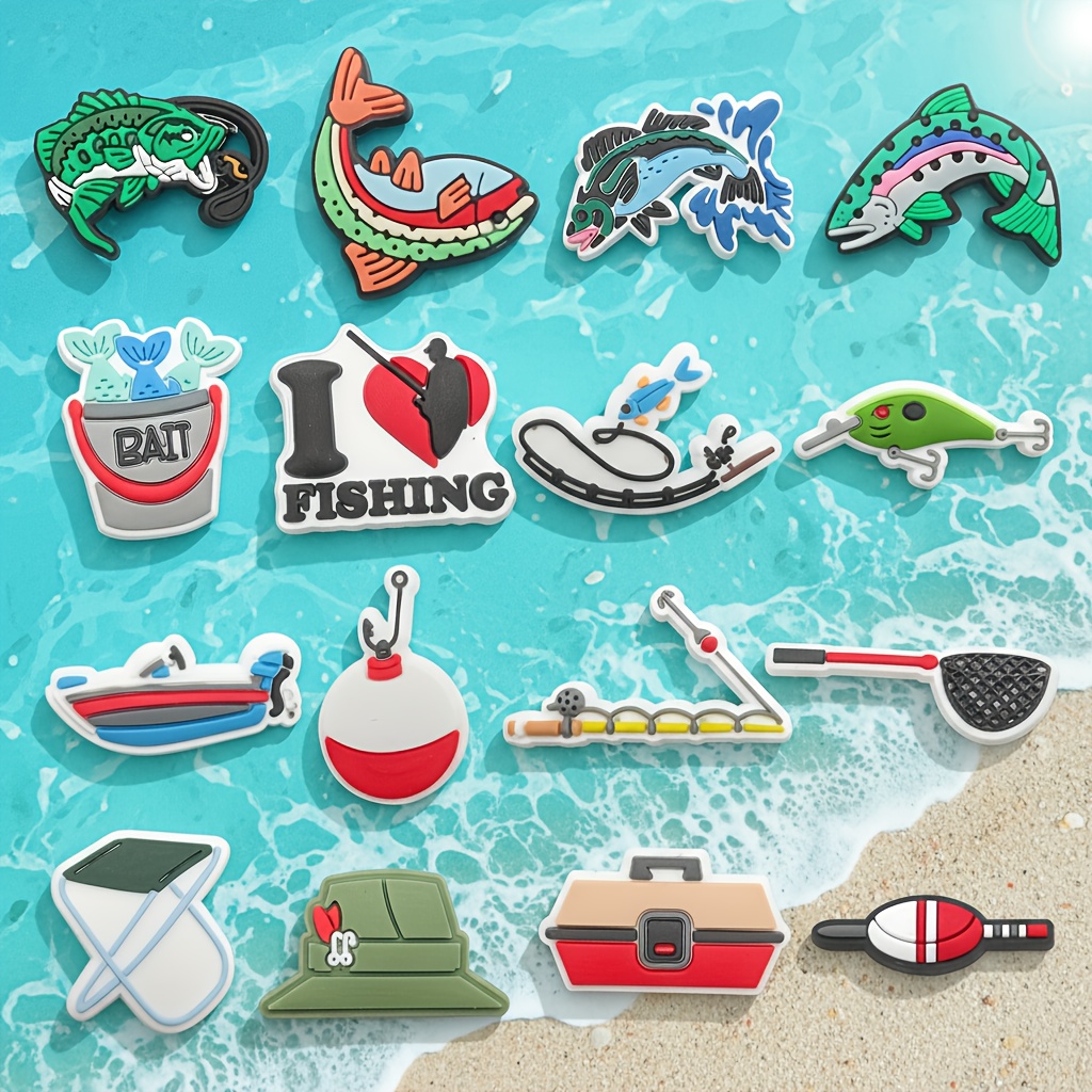 16pcs Fishing Shoe Charms, Shoe Decoration Party Gifts For Women, Men Clog Accessories Fit For Garden Sandals Wristband Bracelet