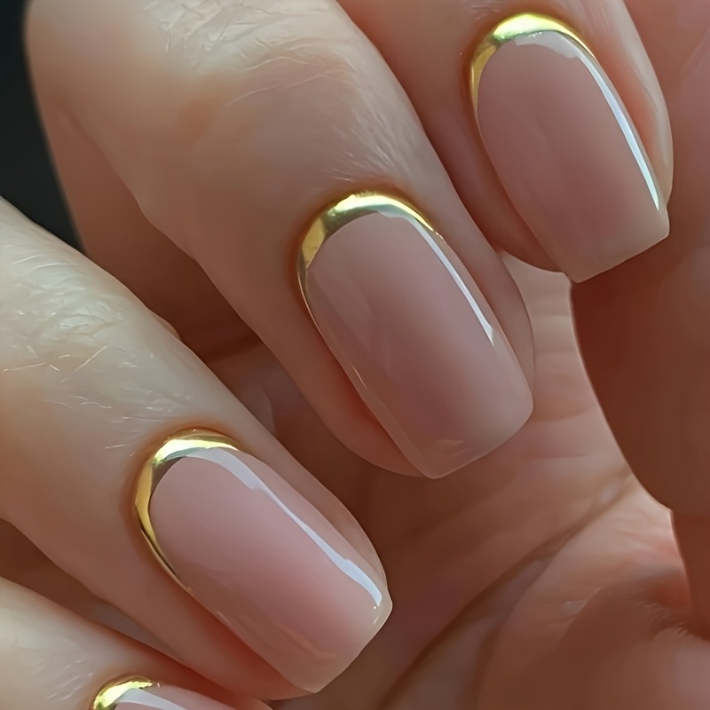 TEMU Mejora - 24 uñas postizas cuadradas cortas de presión, estilo simple de lujo , elegantes y con diseño de dorada, uñas postizas desmontables para