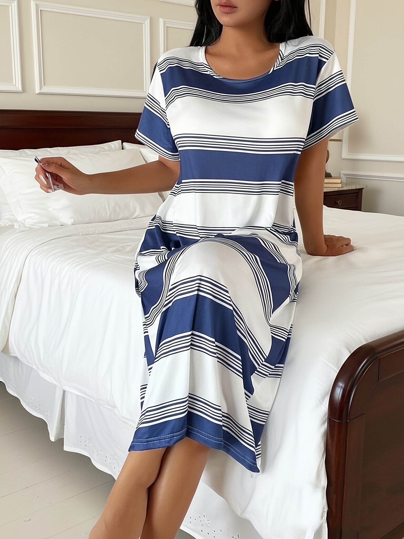 Ladies' * and White Striped Printed Loose Long T-Shirt Night Dress | Crew  Neck * Suitable for Adults