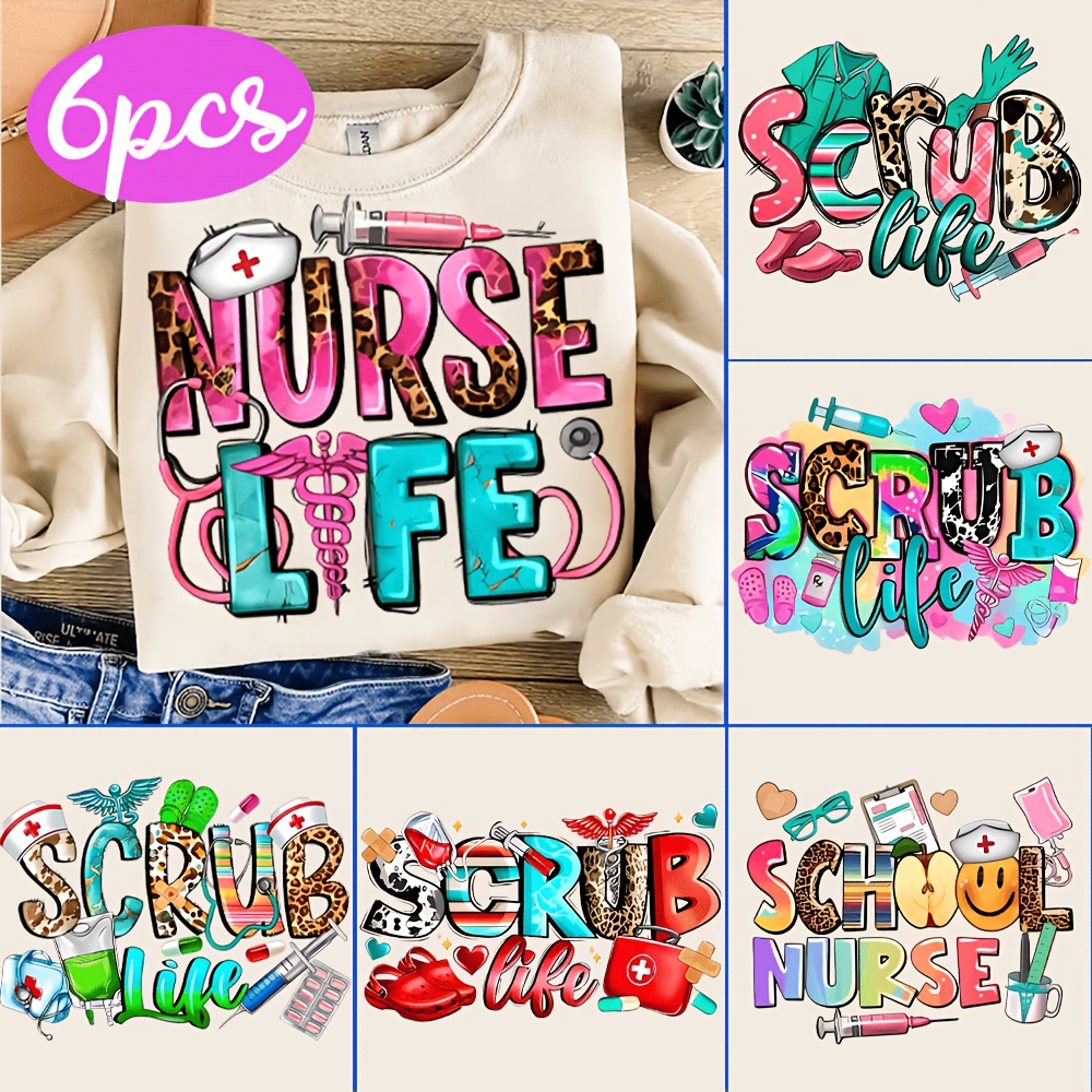 

6pcs Nurse Life Themed Vinyl Heat Transfer Stickers, Mixed Color Iron-on Decals For T-shirts, Diy Custom Clothing Decoration, Perfect Gift For Nurses