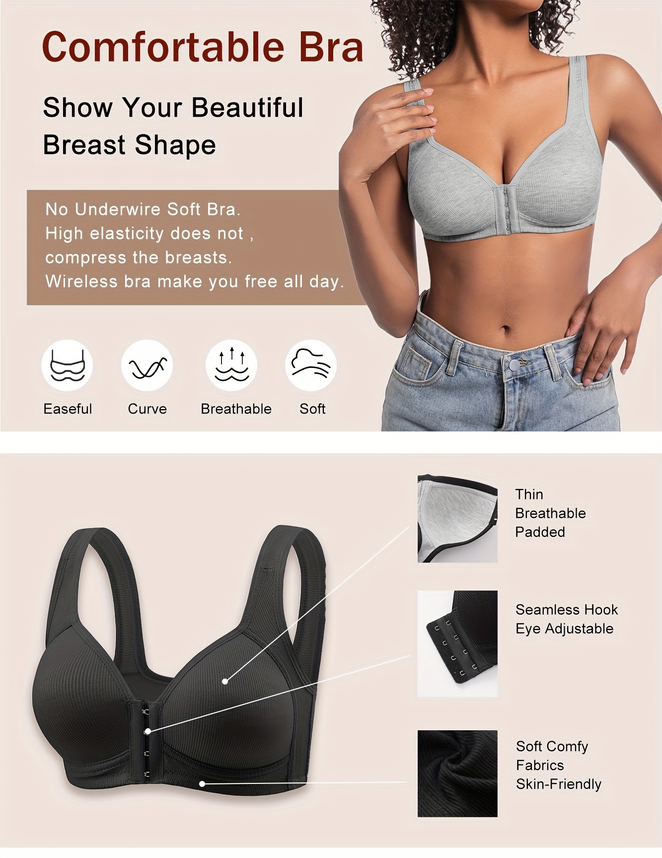 3pcs womens wire free front closure full coverage bras high support t shirt bra with non detachable padding breathable everyday comfort elegant solid color light grey white black tummy control natural lift no underwire for sensitive light beige casual formal wear seamless design soft fabric lightweight material comfortable fit work from home bras bras for women front closure wireless bras for women seamless bras for women bras for women full support Product details 0