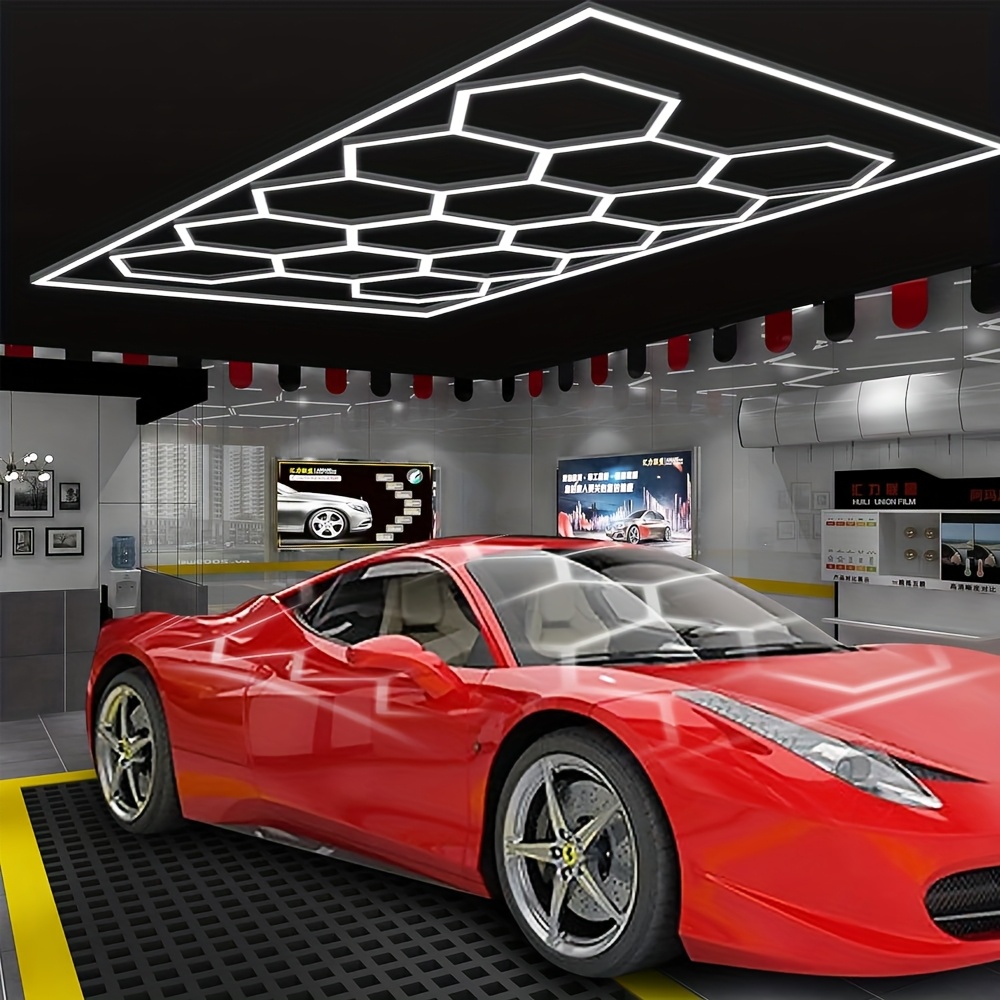 hexagon led   honeycomb workshop light with white border for car detailing   15 68ft x 7 91ft exhibition hall barber   gym   ceiling decor