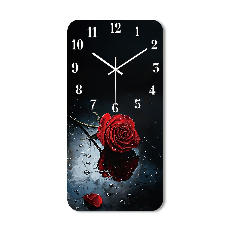 TEMU 1pc Silent Wall Clock Non-ticking Wooden, Decorative Square Clock Hd Glossy Lamination Finish Red Rose With Water On Reflective Surface Room,