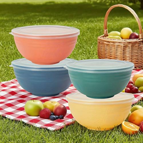 item picture 4 pack plastic bowls with lids round microwave safe dish dishwasher safe reusable soup oatmeal ramen rv camping college dorm kitchen essentials