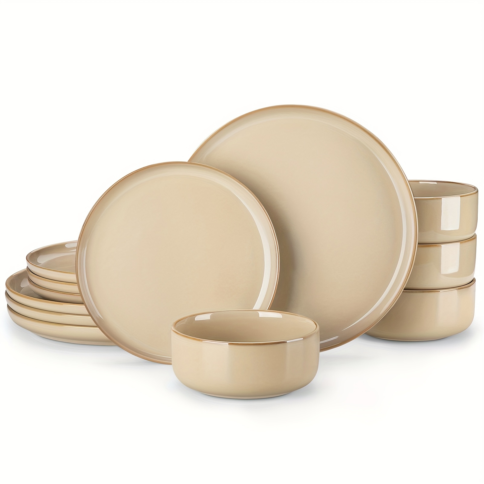 E-shop 12 Stück Abendessen Sets Braun Steinzeug Ofen Wechsel Glanz Teller Und Schüsseln Set Tischgeschirr Mit Abendessen Teller, Dessert Teller Und