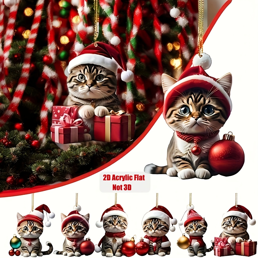 

Christmas Tree Hanging Ornaments Set Of 6, Classic Acrylic Animal Themed Cat Ornaments With Santa Hats, No Power Required, Traditional Decorations For Home & Party - Cute Kitty Charms For