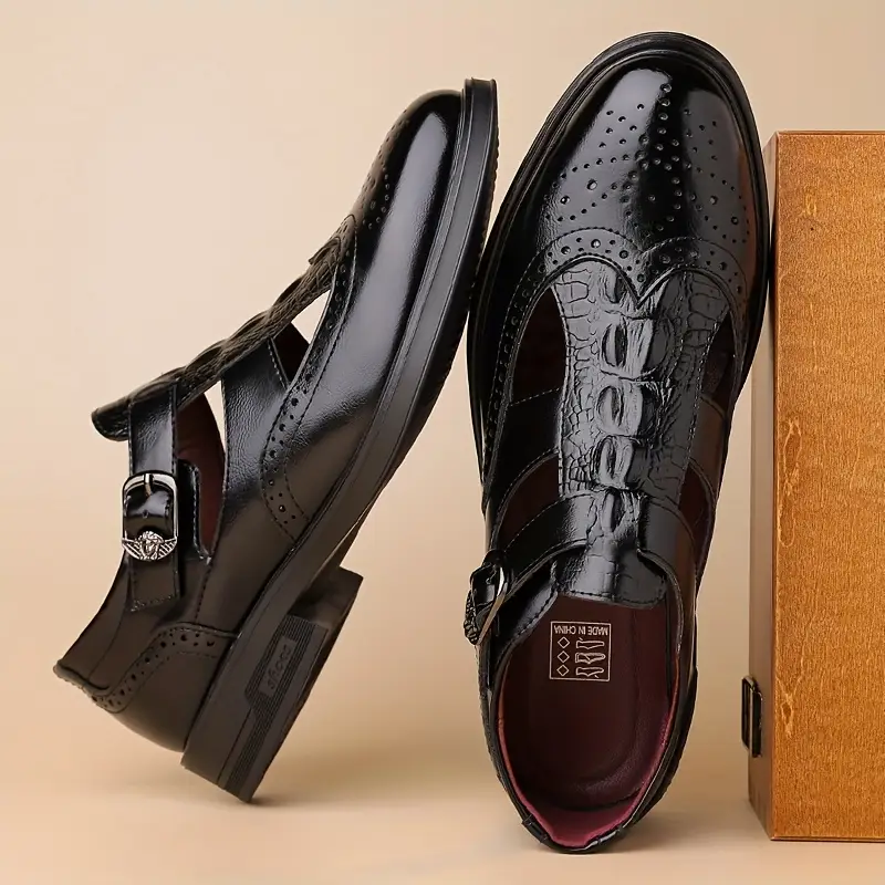 mens stylish perforated wingtip sandals casual slip on loafers with straps brown breathable design for casual attire versatile loafers fashionable sandals polished Product details 4