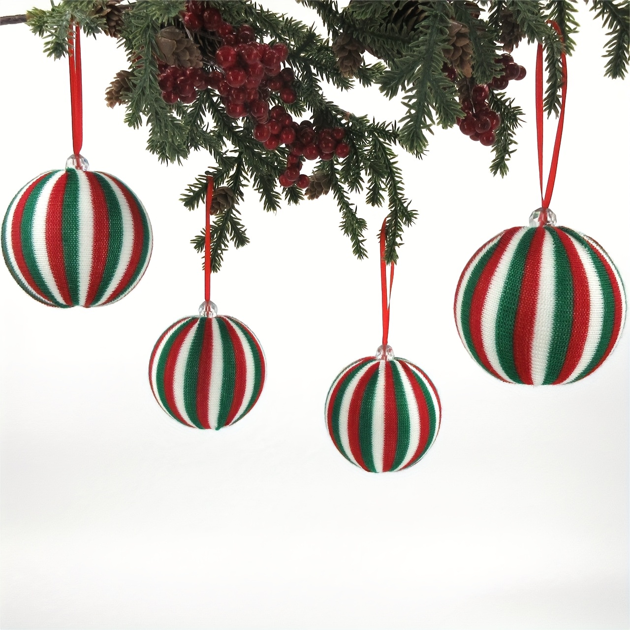TEMU Adornos de bolas de 3.15 pulgadas/8 cm (4 piezas/bolsa) Bolas de tela a rayas /verdes/blancas con colgante de cuentas de diamantes acrílicos,