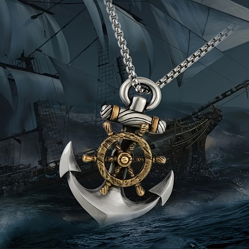 TEMU 1pc Vintage Pirate Anchor & Steering Wheel Pendant Necklace - 304 Stainless Steel, Classic Hip-hop Style For Men, Ideal For & Christmas Gift,