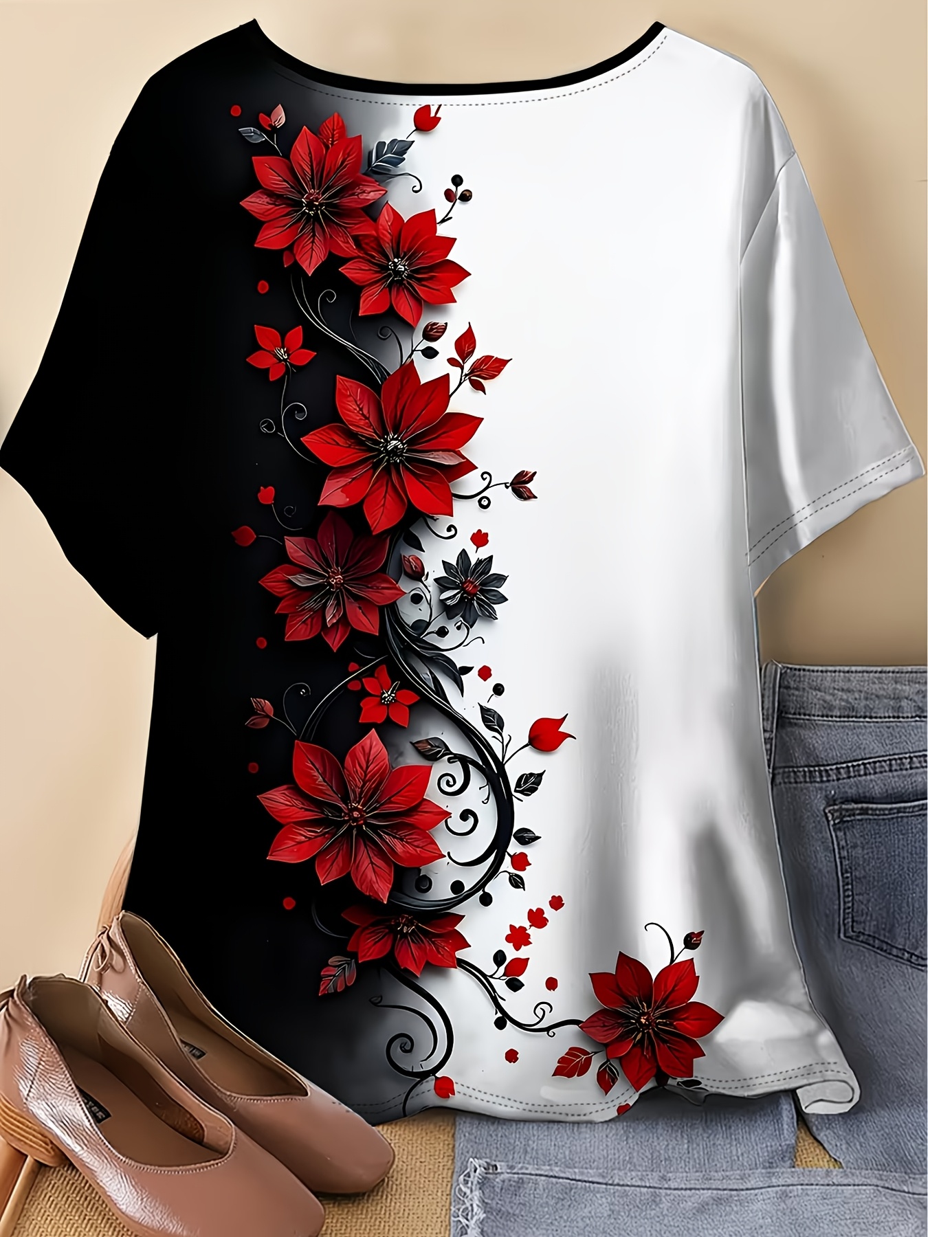 t-shirt à fleurs   pour femme   taille - coupe chemisier douce et respirante à manches courtes, convient pour un    , haut   à col rond avec impression intégrale, lavable en machine  , les   et lextérieur, ventre et bras