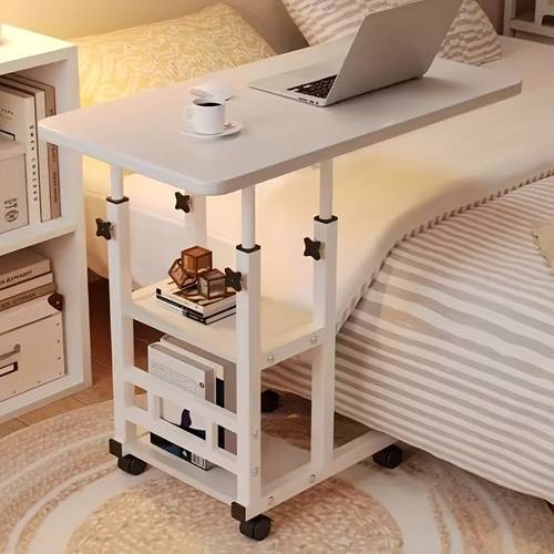 height adjustable mobile laptop table 4 wheel rolling study workstation desk with dual shelves for bedside dorm office use sturdy modern space saving design