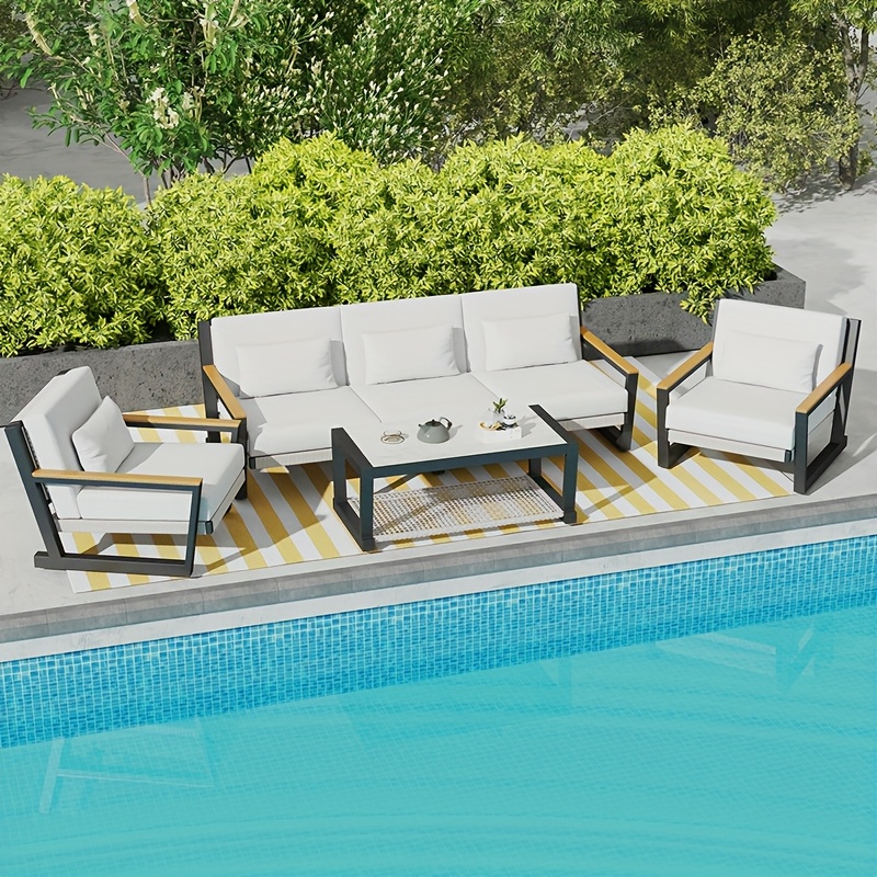 1/3/4pcs Aluminum Patio Sofa with PE Rope Weaving, 500Lbs Capacity Outdoor Conversation Sofa, Waterproof Uv-Resistant Cushions & Powder-Coated Frame, Modern Sectional for Poolside, Garden Yellow