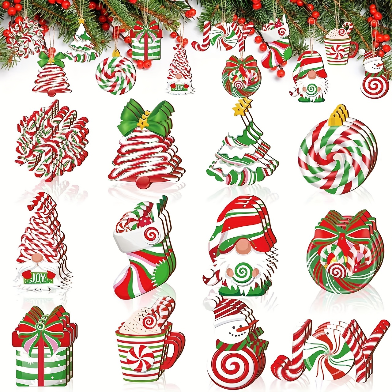 

24 Pcs Festive Christmas Decorations: Wooden Candy Canes, Snowmen, Gnomes, Santa Claus, And Joyful Ornaments For Your Christmas Tree Or Home Decor - No Electricity Required