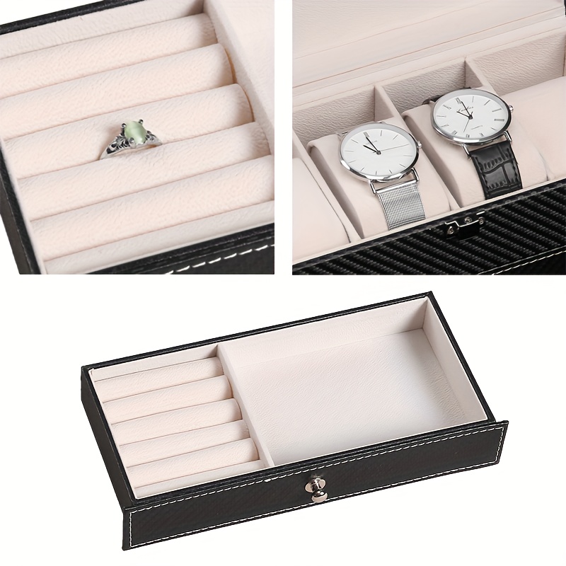 Una caja de exhibición de almacenamiento de joyas de doble capa hecha de fibra de carbono de 4 capas, con cajón de tela suave para almacenar relojes para hombres y mujeres, disponible en varias combinaciones de colores (PU interior negro, café + beige, negro + beige, negro + gris, blanco + blanco).