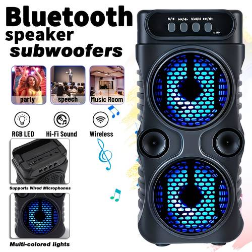 7200w wireless speaker a portable wireless device featuring vibrant lights dual subwoofers fm radio mp3 and with bt tws fm usb aux tf along with a microphone input ideal for home parties