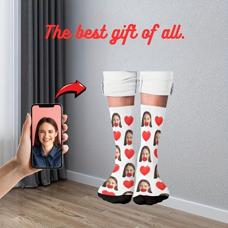 

Custom Face Socks, Personalized Funny Gift Socks With Photo Customized, Red Heart Valentine Style Novelty Trendy Crew Party Present Socks For Men Women